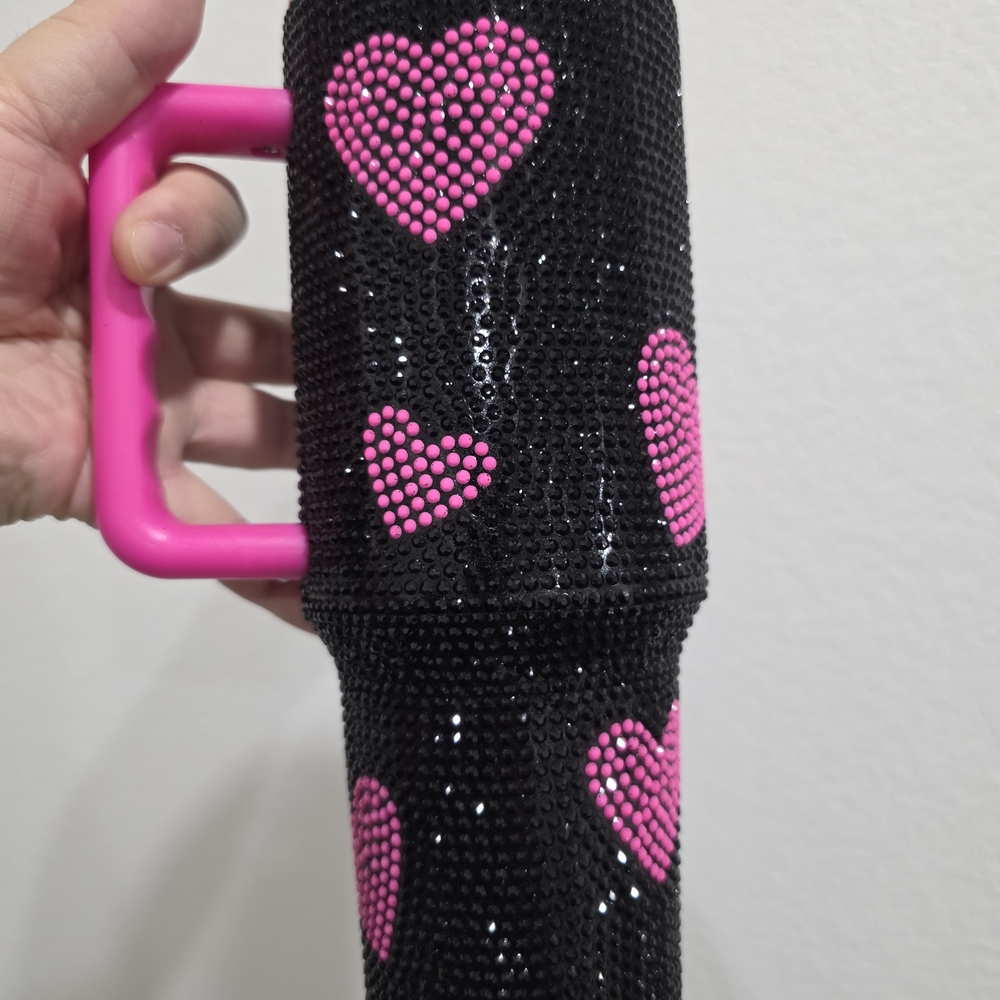 Black Rhinestone Tumbler with Hot Pink Heart Accents